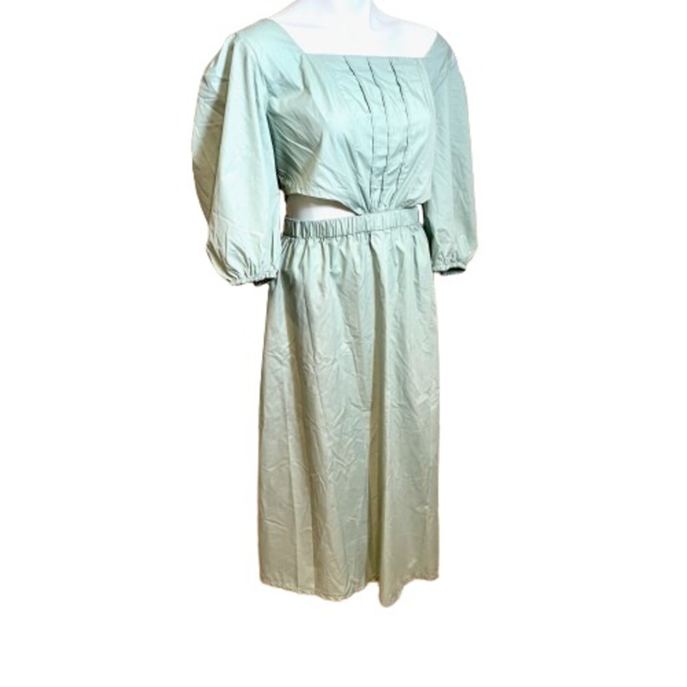 Bloom‎ Chic Cut-out Waist Maxi Dress Womens Size 16 Green Puff Sleeve Midi Zip